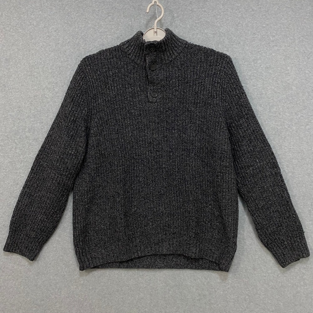 BANANA REPUBLIC Mens L Sweater Ribbed Knit Mock Neck Button Dark Gray Pullover